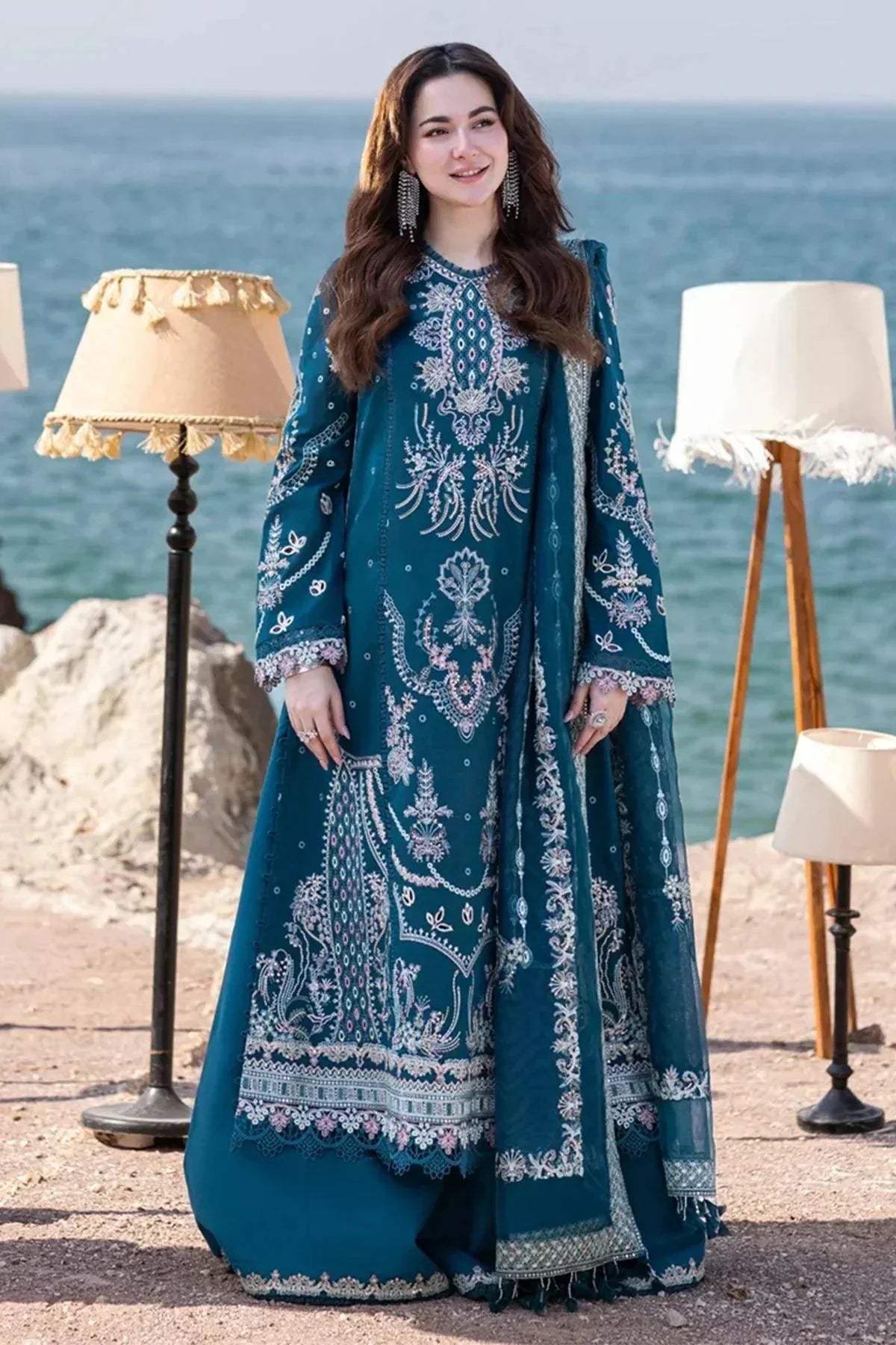 QALAMQAR-3PC DHANAK HEAVY EMBROIDERED SHIRT WITH CHIFFON HEAVY EMBROIDERED DUPATTA AND TROUSER-BIC-4021
