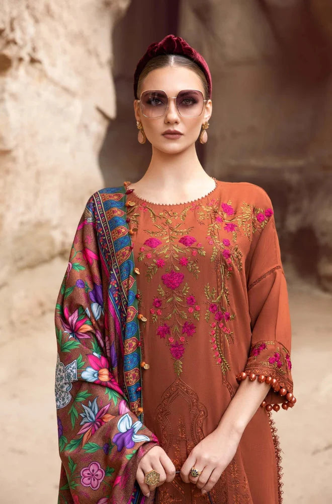 Maria B - 3PC Unstitched Dhanak Embroidered Shirt with Printed Wool Shawl and Trouser