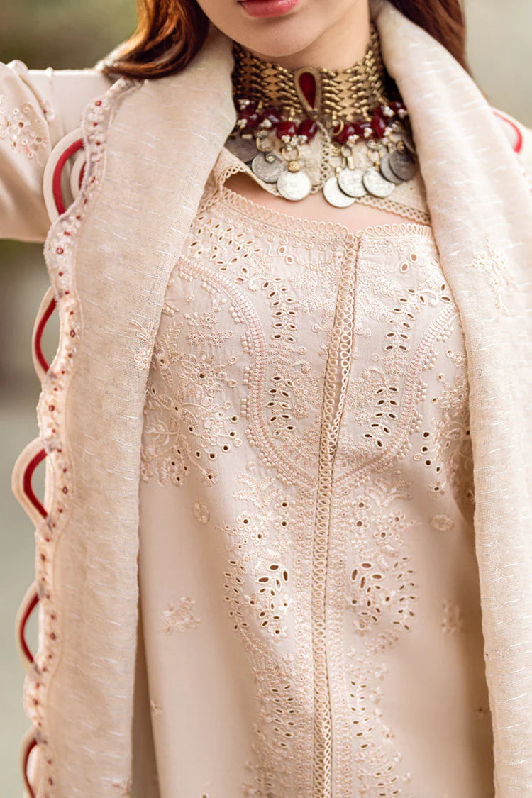 QALAMQAR-3PC CHIKANKAARI LAWN CUTWORK EMBROIDERED SHIRT WITH MANAAR EMBROIDERED CUTWORK DUPATTA AND TROUSER