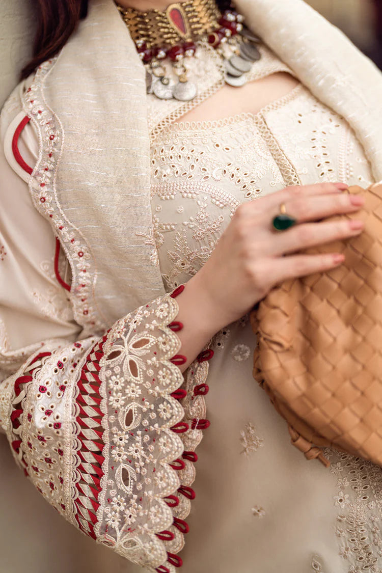 QALAMQAR-3PC CHIKANKAARI LAWN CUTWORK EMBROIDERED SHIRT WITH MANAAR EMBROIDERED CUTWORK DUPATTA AND TROUSER