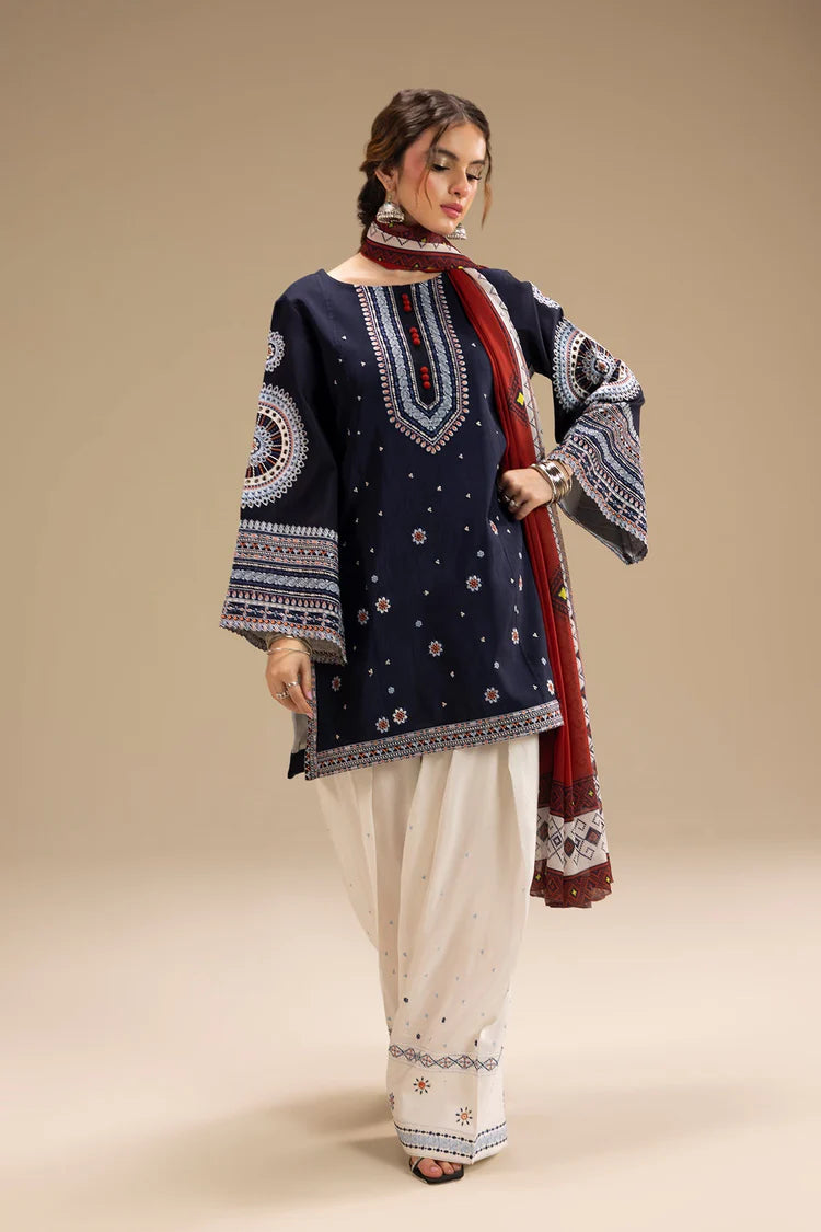 JAZMIN-3PC DHANAK EMBROIDERED SHIRT WITH CORTRAI WOOL PRINTED SHAWL AND EMB TROUSER