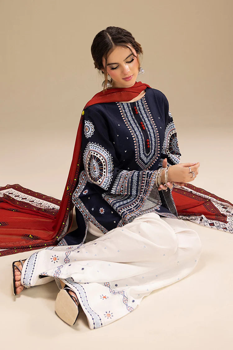 JAZMIN-3PC DHANAK EMBROIDERED SHIRT WITH CORTRAI WOOL PRINTED SHAWL AND EMB TROUSER