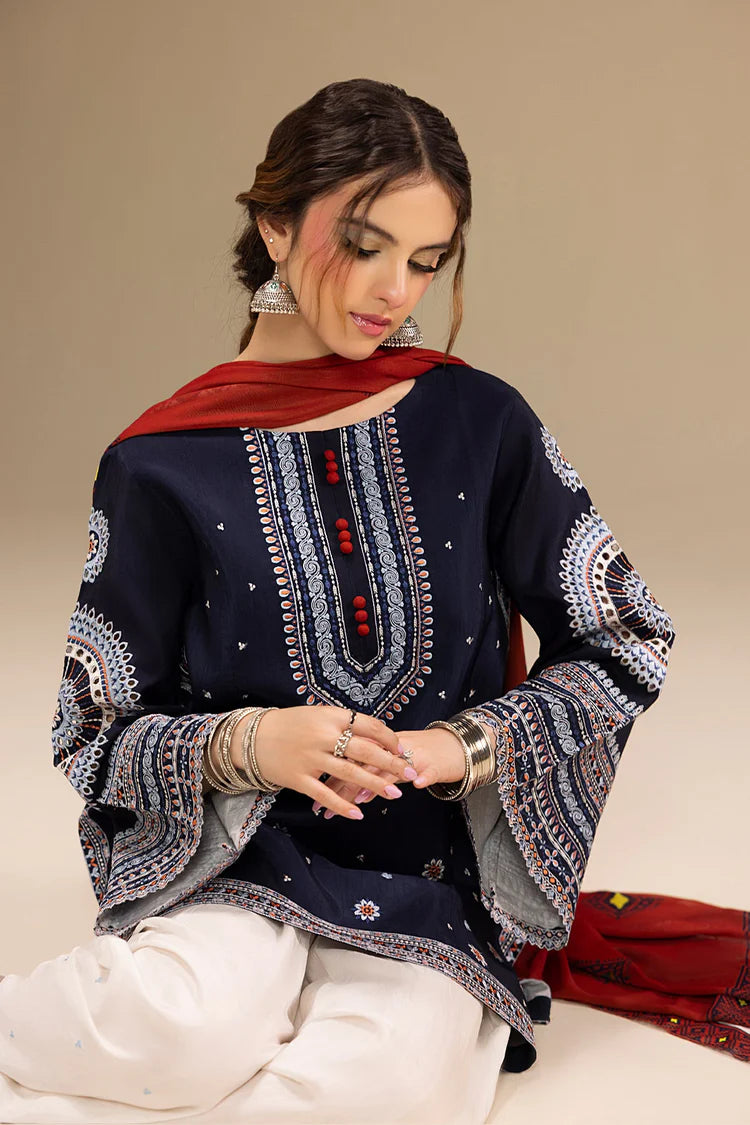 JAZMIN-3PC DHANAK EMBROIDERED SHIRT WITH CORTRAI WOOL PRINTED SHAWL AND EMB TROUSER