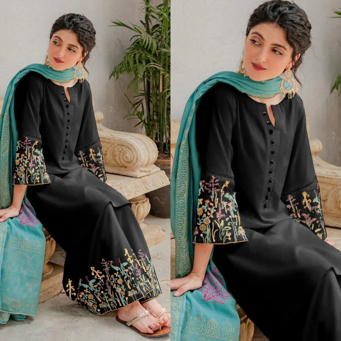 Dyot - 3PC Unstitched Dhanak Embroidered Shirt with Embroidered Trouser & Print Shawl