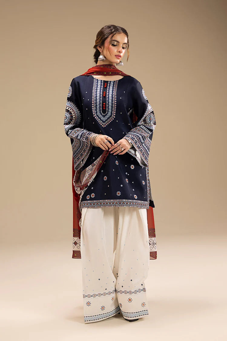 JAZMIN-3PC DHANAK EMBROIDERED SHIRT WITH CORTRAI WOOL PRINTED SHAWL AND EMB TROUSER
