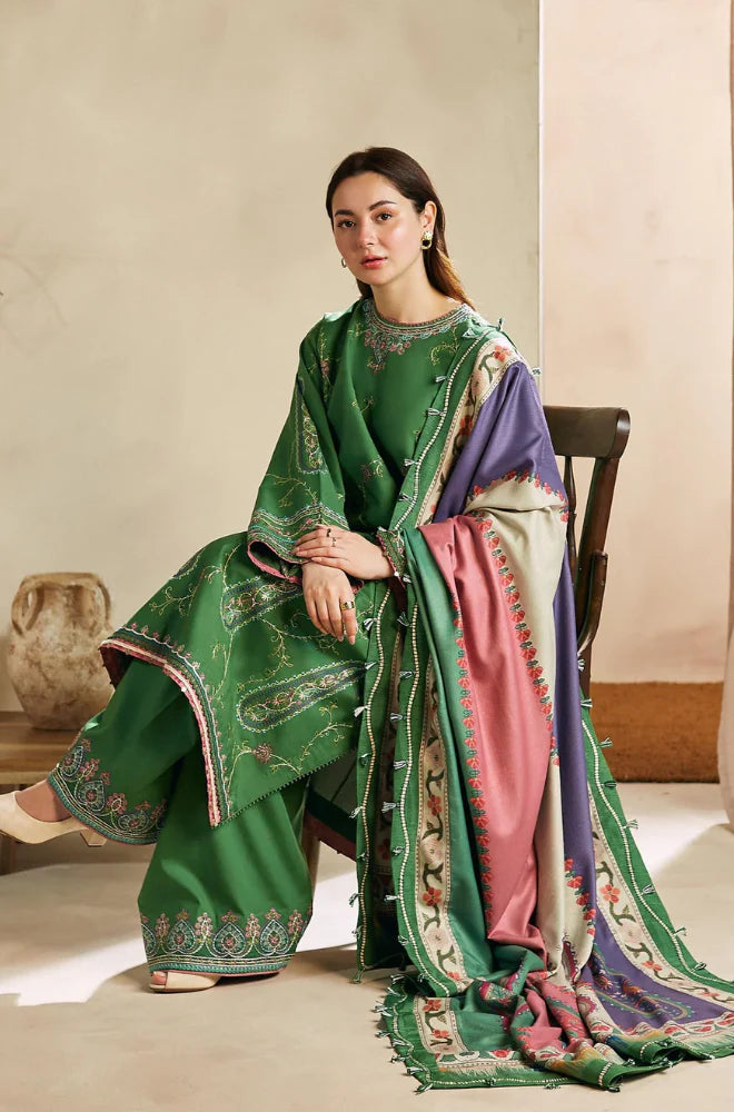 ZARA SHAH JAHAN - 3PC DHANAK EMBROIDERED SHIRT WITH PRINTED SHAWL AND TROUSER