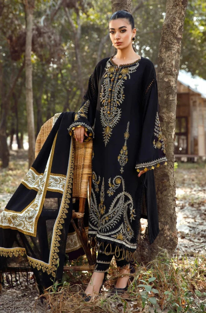 Maria B - 3PC Unstitched Dhanak Embroidered Shirt with Printed Wool Shawl and Trouser