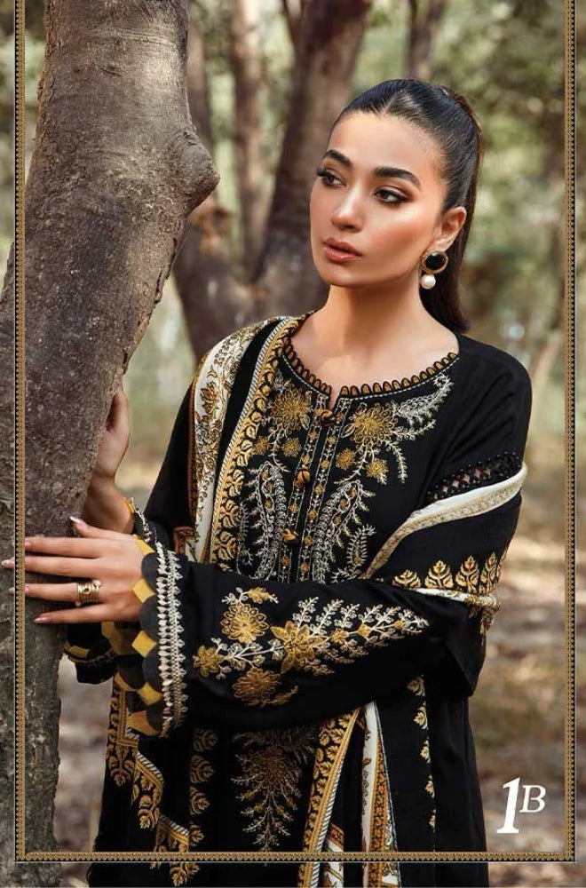 Maria B - 3PC Unstitched Dhanak Embroidered Shirt with Printed Wool Shawl and Trouser