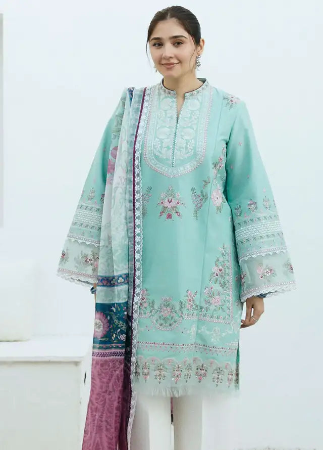 ZARA SHAH JAHAN - 3PC DHANAK EMBROIDERED SHIRT WITH PRINTED SHAWL AND PLAIN TROUSER