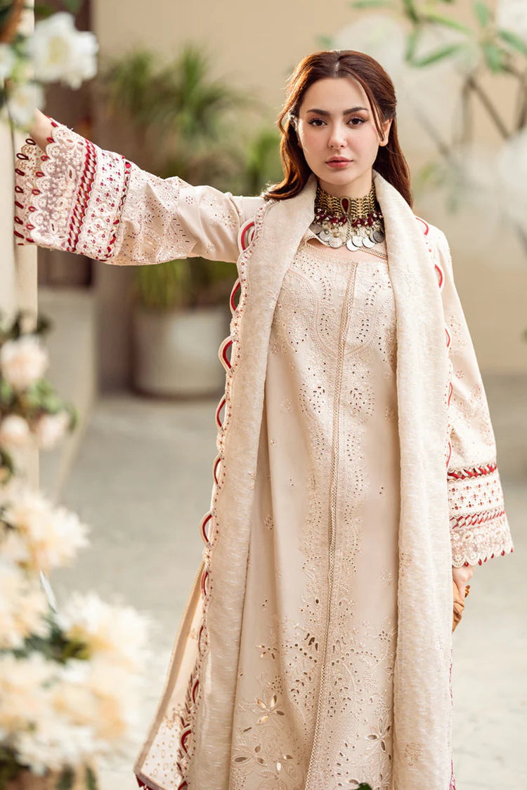 QALAMQAR-3PC CHIKANKAARI LAWN CUTWORK EMBROIDERED SHIRT WITH MANAAR EMBROIDERED CUTWORK DUPATTA AND TROUSER
