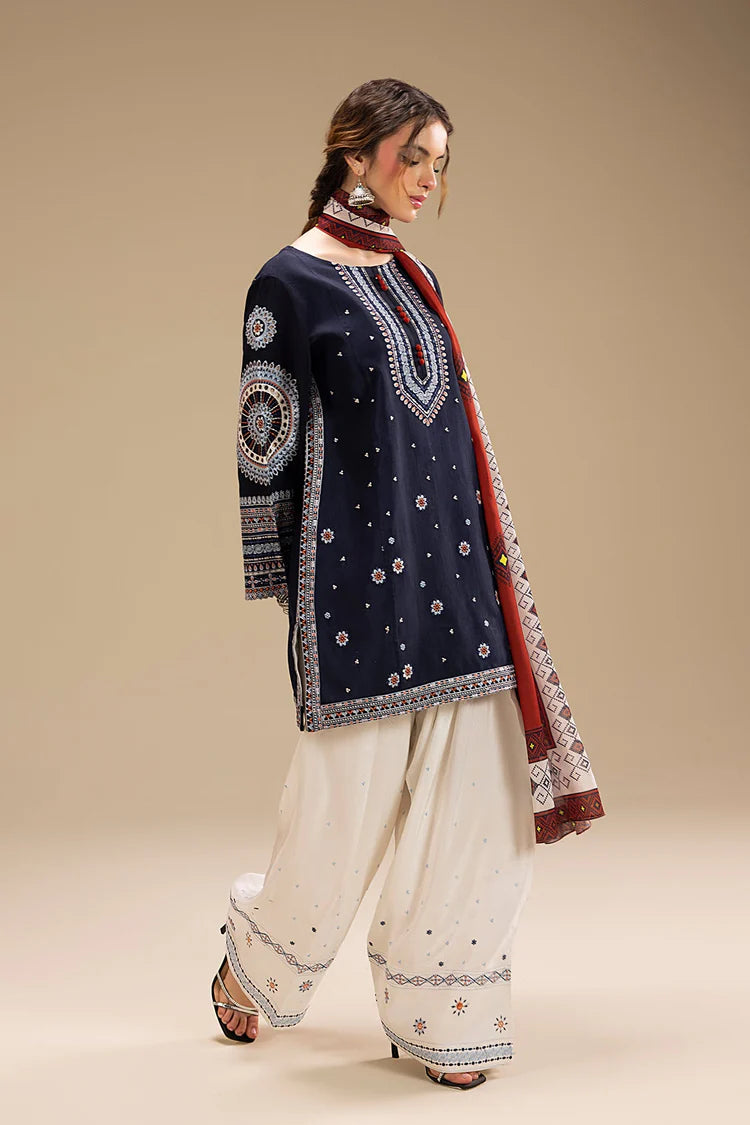 JAZMIN-3PC DHANAK EMBROIDERED SHIRT WITH CORTRAI WOOL PRINTED SHAWL AND EMB TROUSER