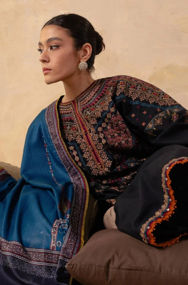 ZARA SHAH JAHAN - 3PC DHANAK EMBROIDERED SHIRT WITH PRINTED SHAWL AND TROUSER