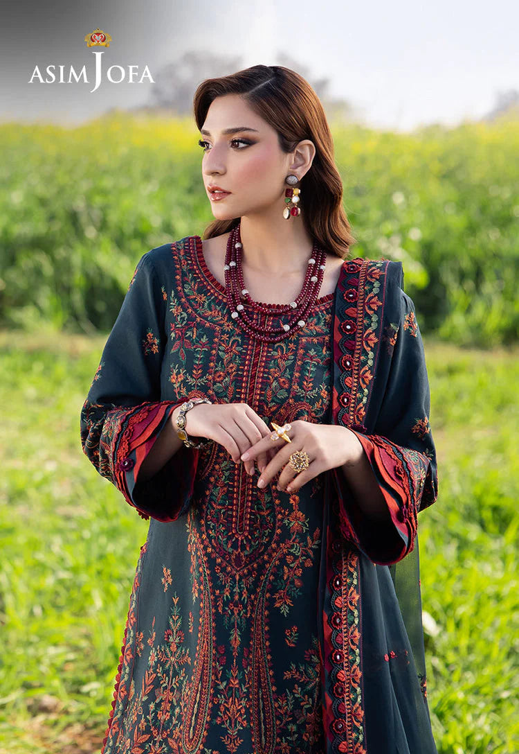 ASIM JOFA-3PC DHANAK EMBROIDERED SHIRT WITH DHANAK EMBROIDERED SHAWL AND TROUSER