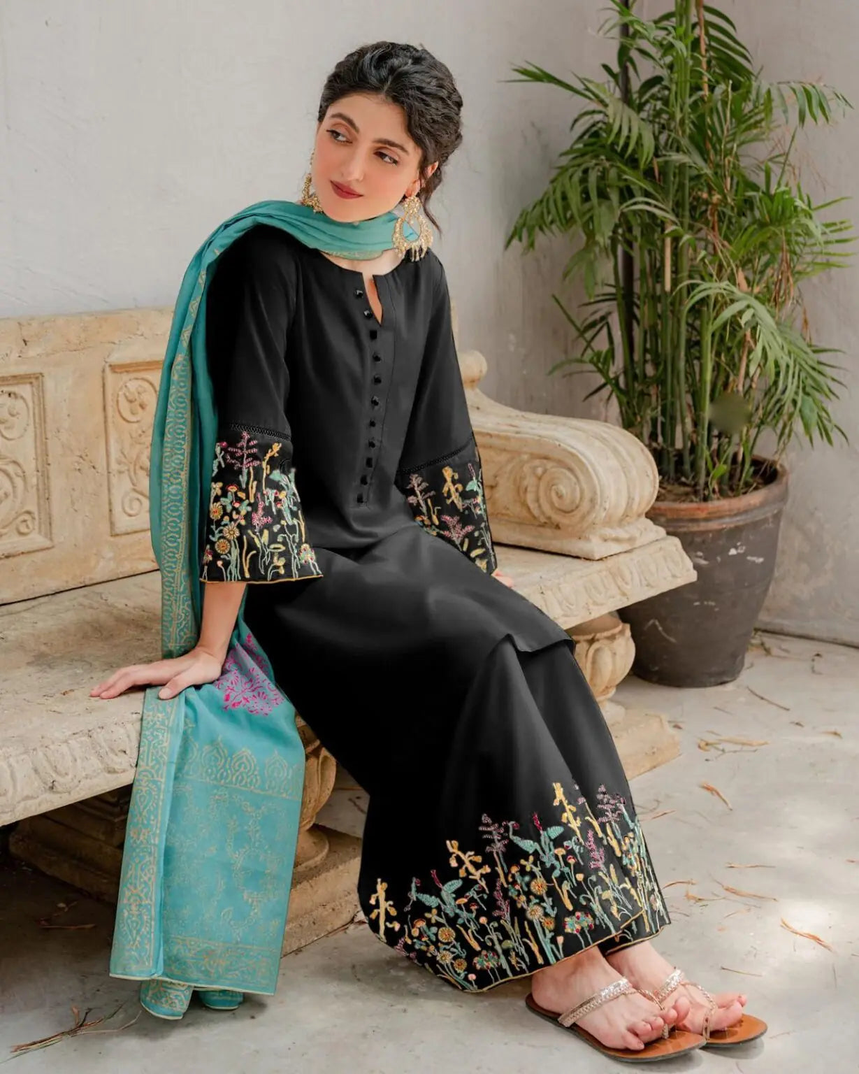 Dyot - 3PC Unstitched Dhanak Embroidered Shirt with Embroidered Trouser & Print Shawl