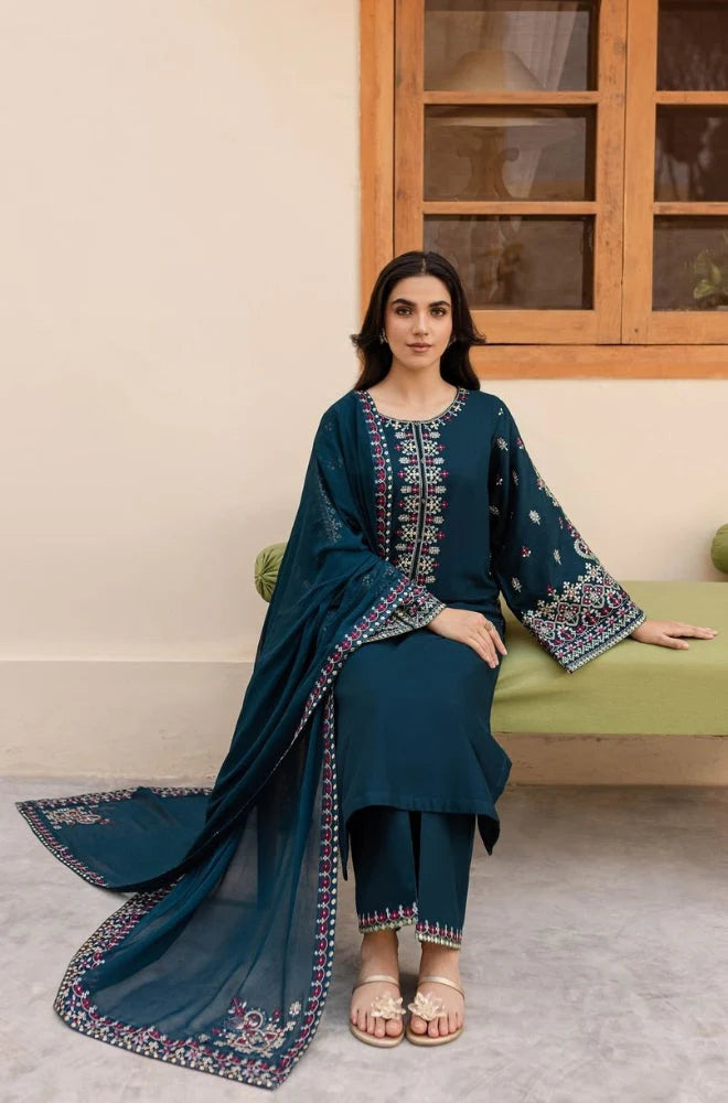 Batik - 3PC Unstitched Dhanak Embroidered Shirt with Dhanak Embroidered Dupatta and Trouser
