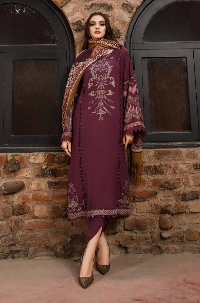 Maria B - 3PC Unstitched Dhanak Embroidered Shirt with Printed Shawl and Trouser