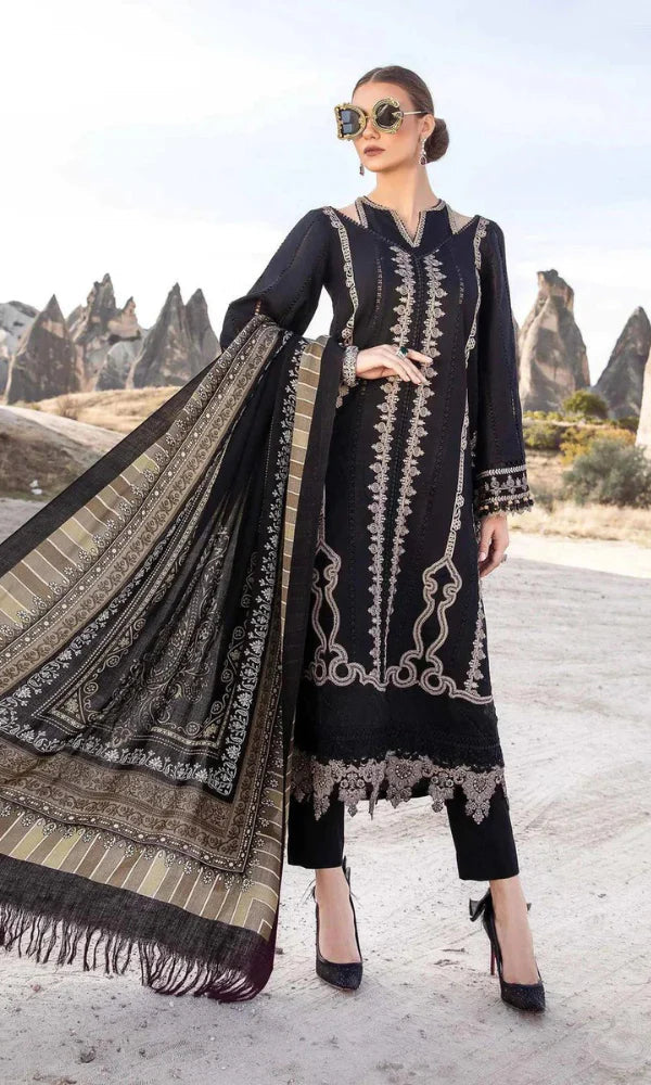 Maria B - 3PC Unstitched Dhanak Embroidered Shirt with Printed Pashmina Wool Shawl and Trouser